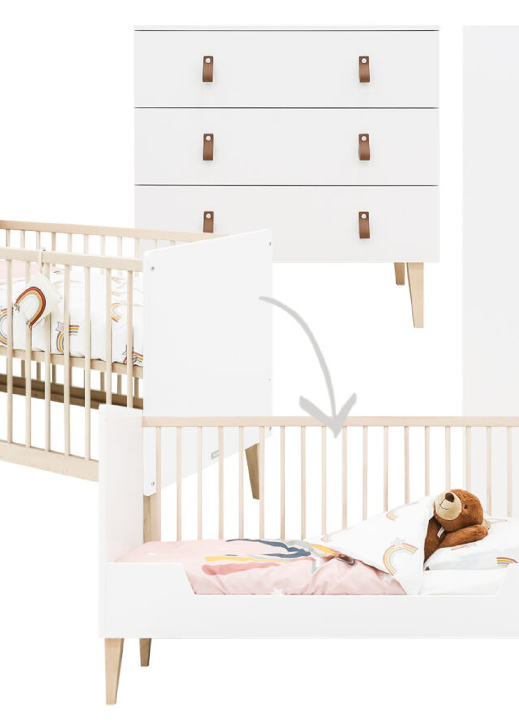 BOPITA Lit 70x140cm + Commode + Armoire Indy blanc / naturel