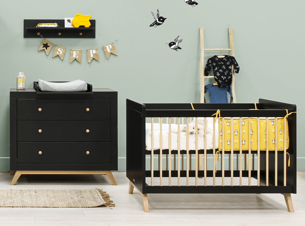 BOPITA Bed 60x120cm + Chest of drawers Nora black / natural
