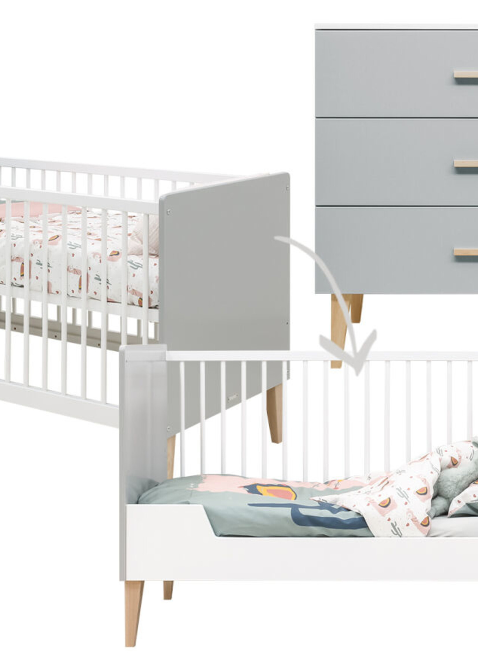 BOPITA Bed 70x140cm + Dresser Emma white / grey