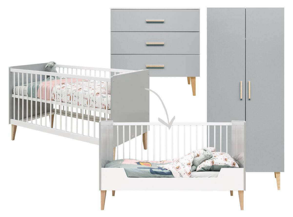 Salie lijden Compatibel met Bed 70x140cm + Commode + Kast Emma wit / grijs - Baby-Kinderkamers.