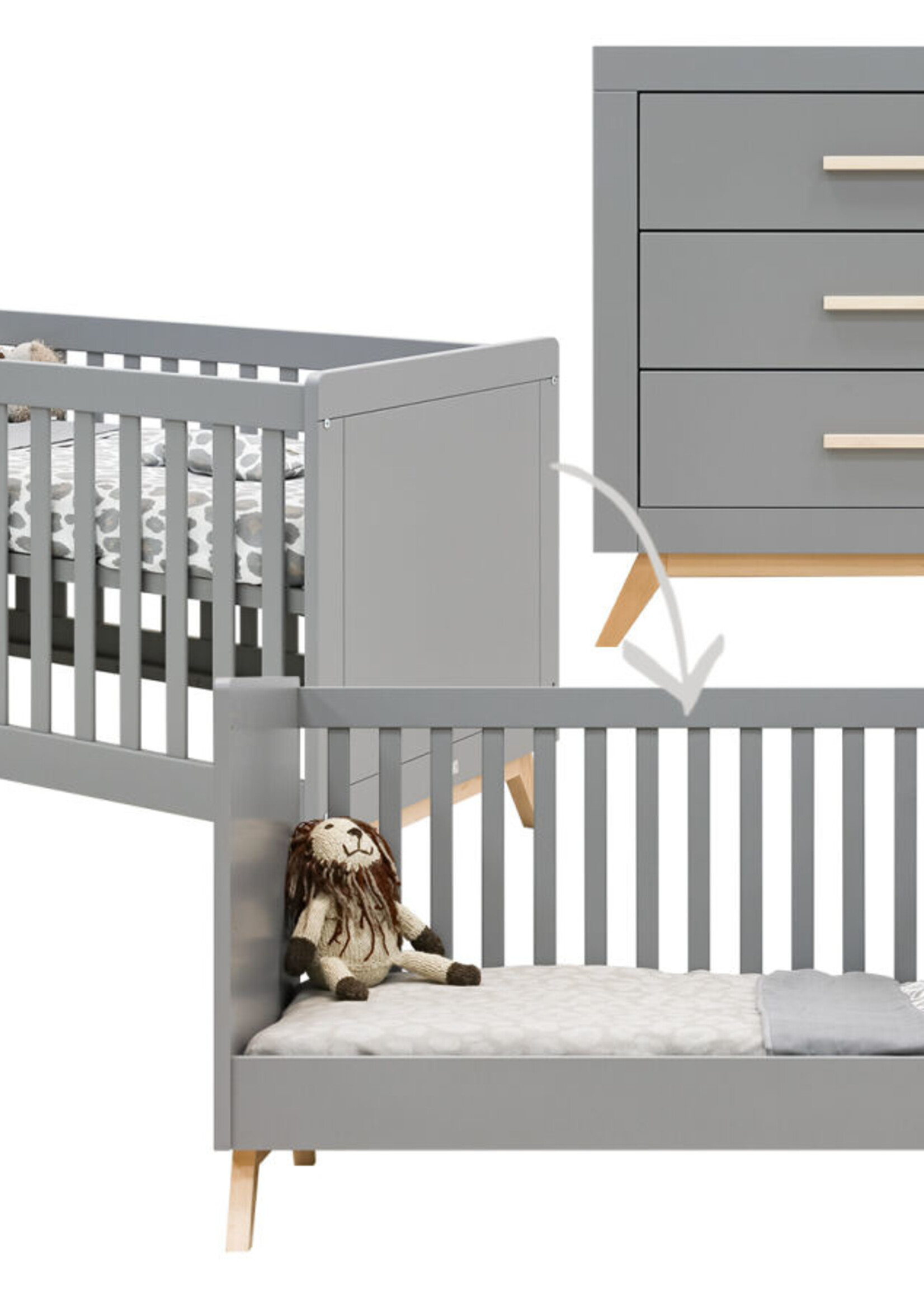 BOPITA Lit 70x140cm + Commode Fenna gris / naturel