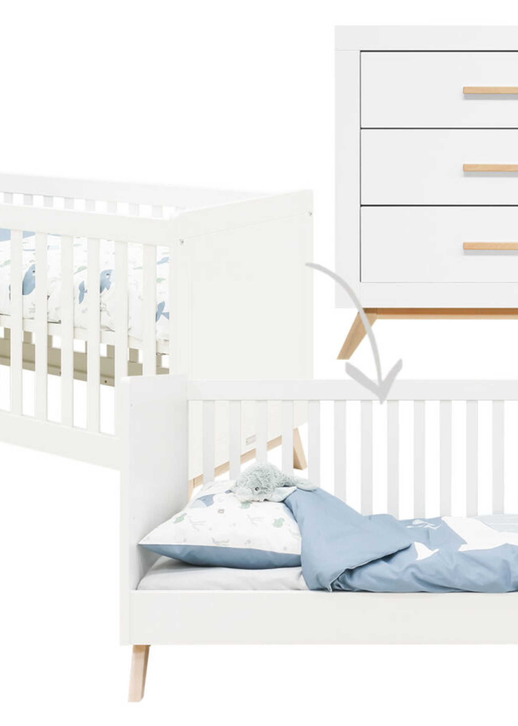 BOPITA Lit 70x140cm + Commode Fenna blanc / naturel