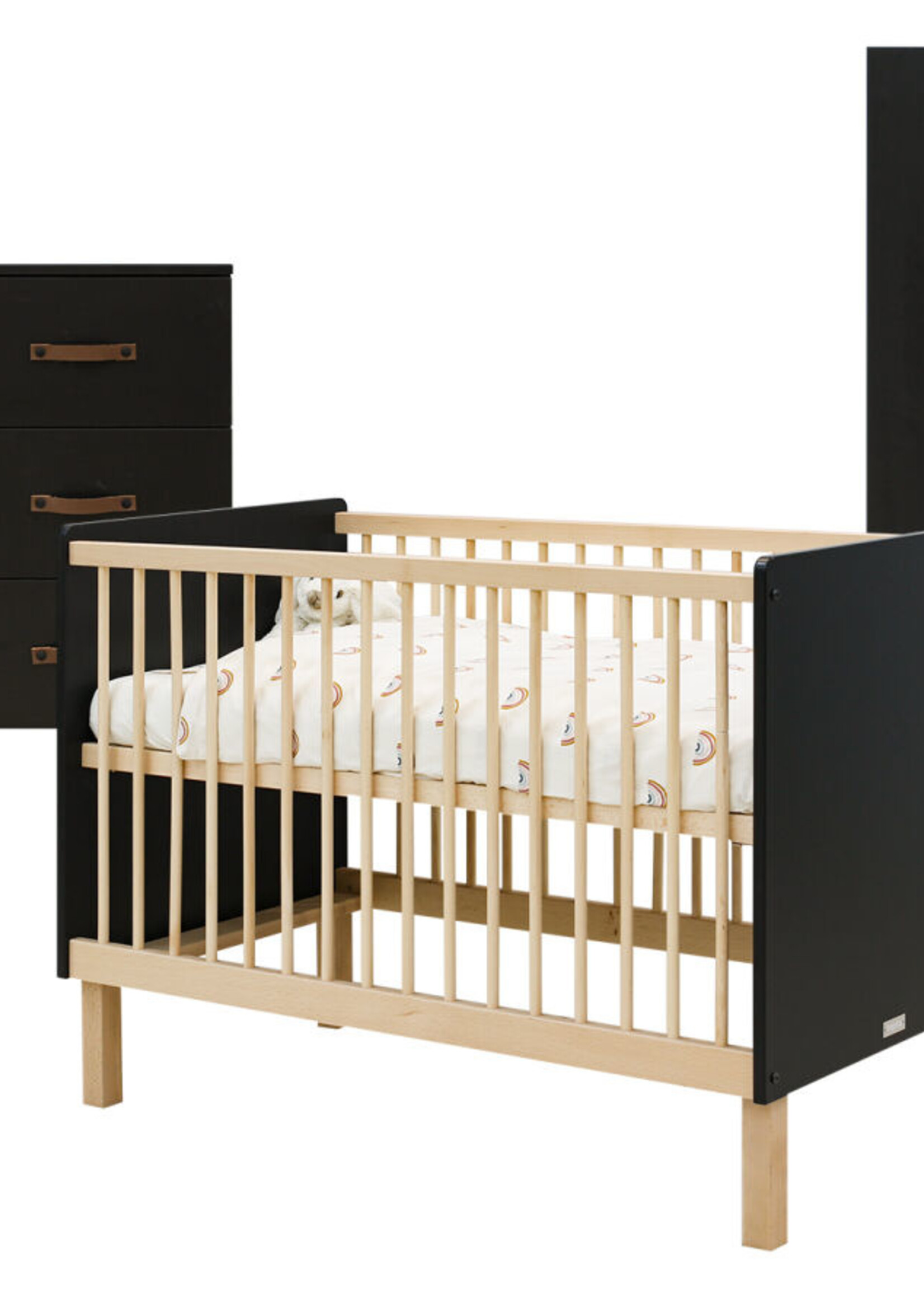 BOPITA Bed 60x120 + Chest of drawers + Closet Floris black / natural