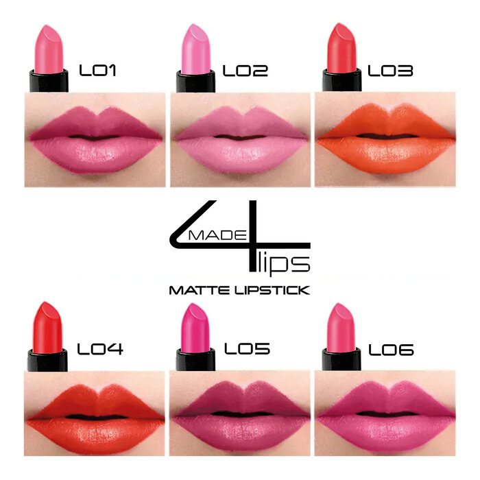 made4lips matte lipstick, kleuren L01 -L06