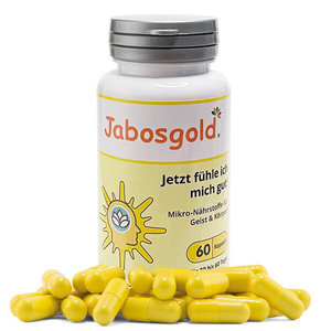 Jabosgold Kapseln enthalten viele Milliarden speziell behandelter Mikro-Nährstoff-Teilchen (gute Laune Moleküle) als Zell-Nahrung.