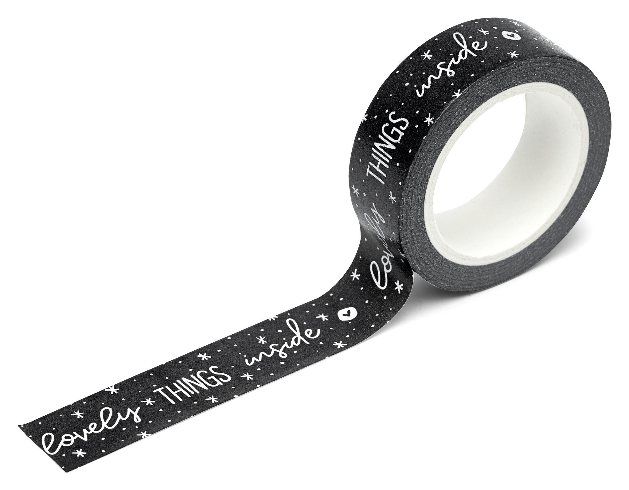 Masking tape zwart met witte tekst inside
