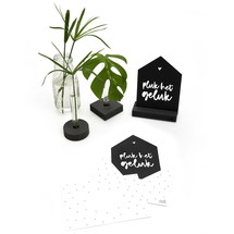 Zwarte kaart huisje 'Pluk het geluk' met bedrukte envelop