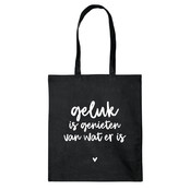 Zwarte katoenen tas met tekst 'Geluk is genieten van wat er is' Zwarte katoenen tas met tekst 'Geluk is genieten van wat er is'