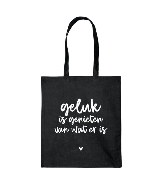 Zwarte katoenen tas met tekst 'Geluk is genieten van wat er is' Zwarte katoenen tas met tekst 'Geluk is genieten van wat er is'