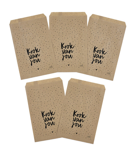 Cadeauzakjes set van 5 met dotsen tekst Kook van jou 15x22 cm