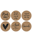 Set van 6 onderzetters van kurk met tekst