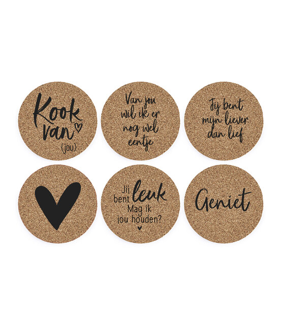 Set van 6 onderzetters van kurk met tekst