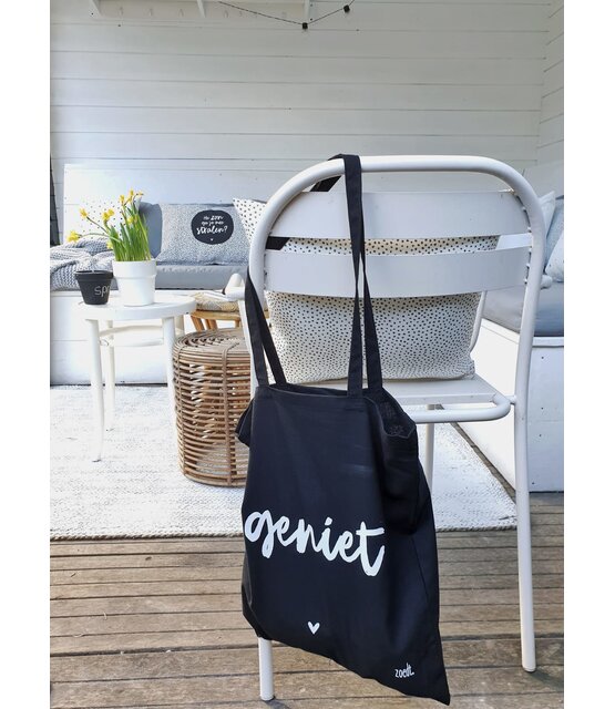Zwarte katoenen tas met tekst 'Geniet' Zwarte katoenen tas met tekst 'Geniet'