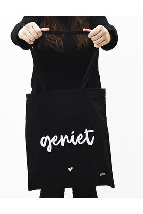 Zwarte katoenen tas met tekst 'Geniet'