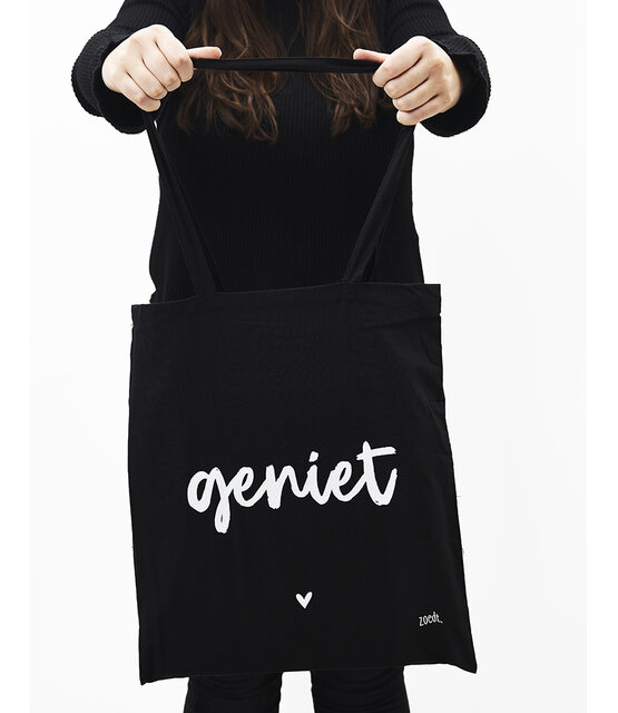 Zwarte katoenen tas met tekst 'Geniet' Zwarte katoenen tas met tekst 'Geniet'