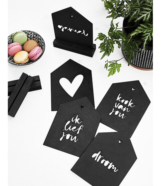 Zwarte houten kaart huisje met standaard - Ik lief jou