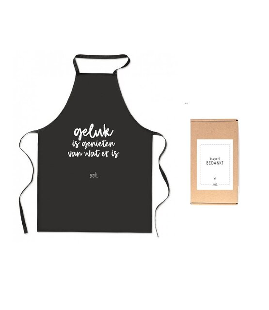 Schort met tekst 'Geluk is genieten van wat er is' in cadeauverpakking