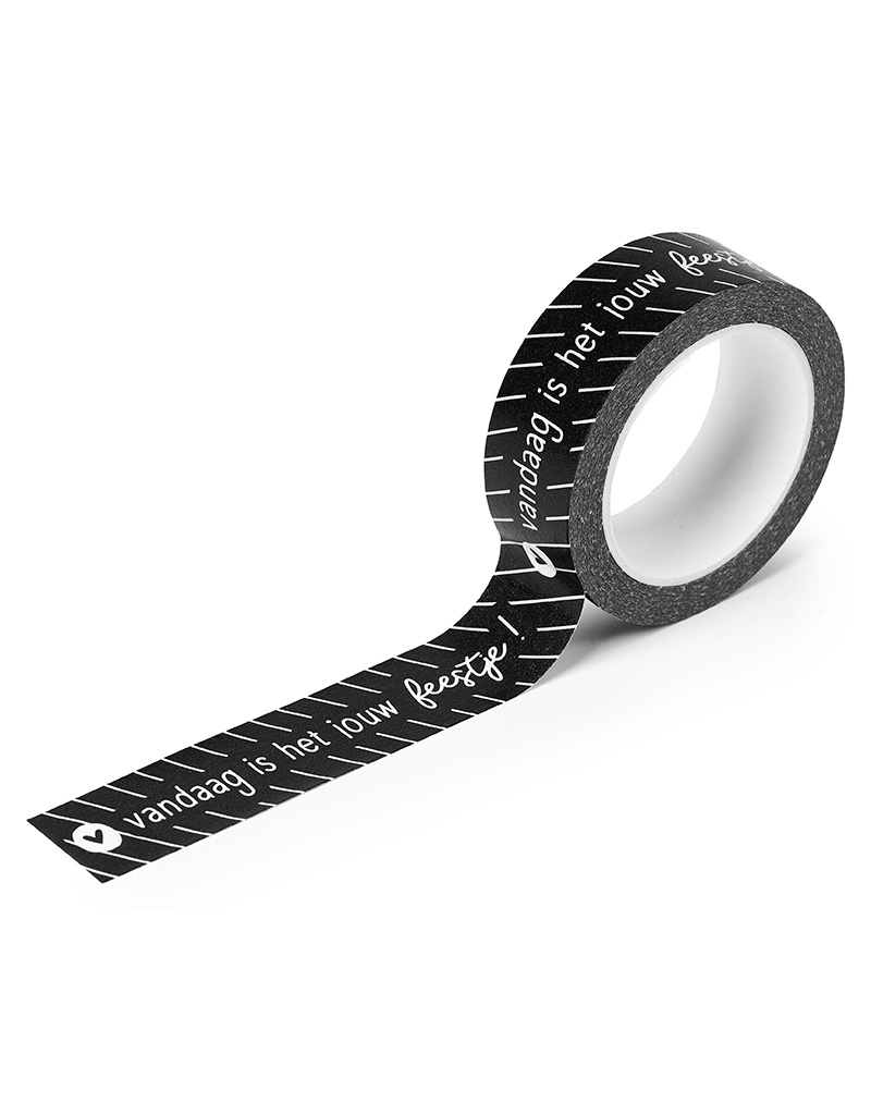 Masking tape zwart met witte tekst 'Vandaag is het jouw feestje!'