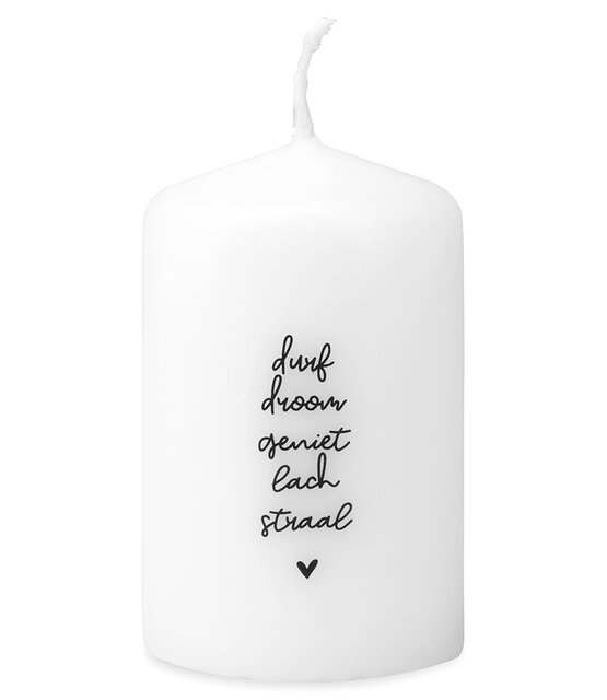 Mini kaarsje met tekst Durf, droom, geniet, lach straal
