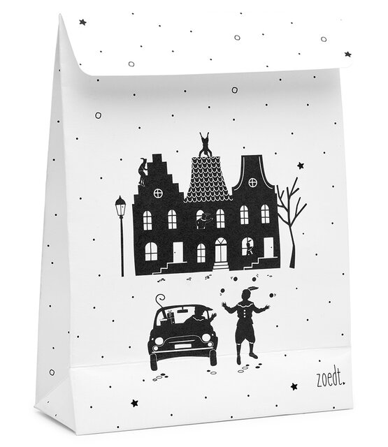 Sinterklaas cadeauzakje wit met zwart patroon en grachtenpanden en pieten- met bodem