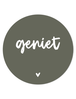 Muurcirkel (binnen) olijfgroen met tekst 'Geniet' - 3 formaten