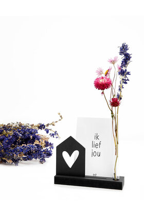 Kaarthouder met vaasje en houten kaartje