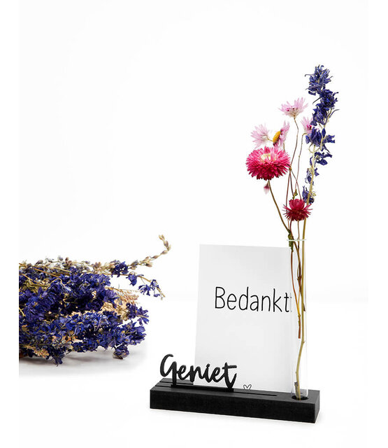 Kaarthouder met vaasje en tekst Geniet Kaarthouder met vaasje en tekst Geniet