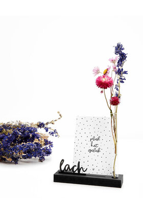 Kaarthouder met vaasje en tekst Lach