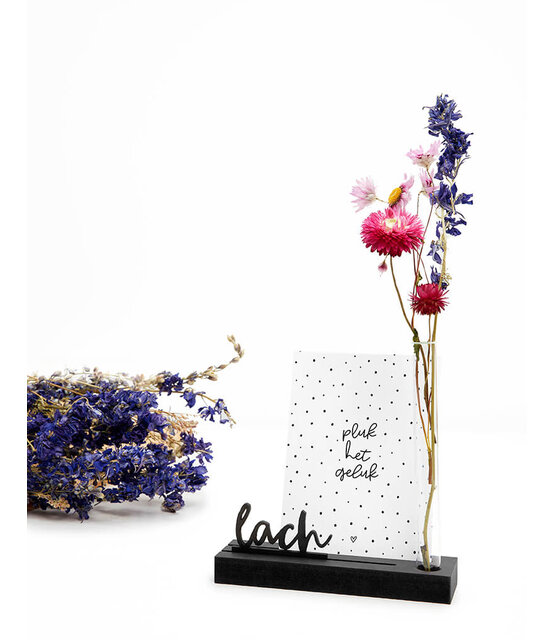 Kaarthouder met vaasje en tekst Lach