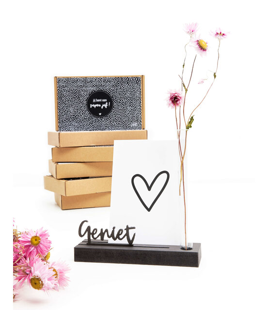 Kaarthouder met vaasje en tekst Geniet Kaarthouder met vaasje en tekst Geniet