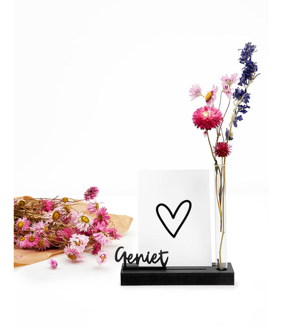 Moederdag cadeau - Kaarthouder met vaasje en tekst Geniet