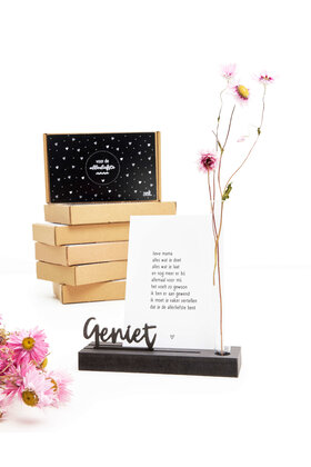 Moederdag cadeau - Kaarthouder met vaasje en tekst Geniet