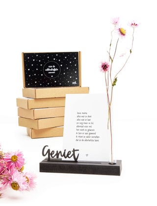 Moederdag cadeau - Kaarthouder met vaasje en tekst Geniet