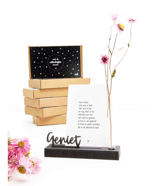 Moederdag cadeau - Kaarthouder met vaasje en tekst Geniet