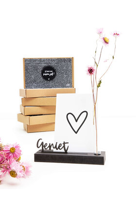 Juffen cadeau - Kaarthouder met vaasje en tekst Geniet