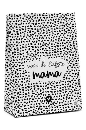 Cadeauzakje zwart wit met tekst 'Voor de liefste mama'