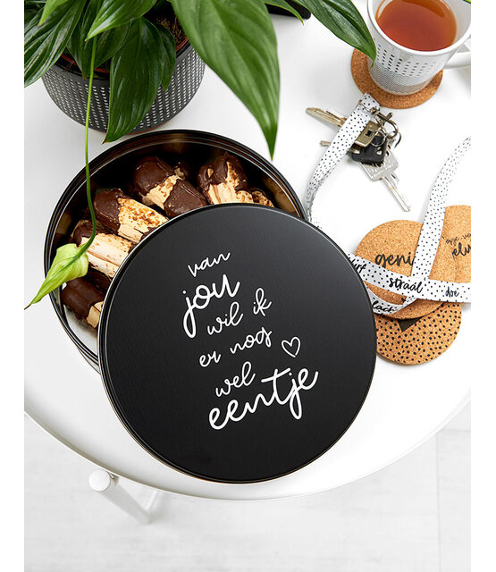 Koektrommel zwart wit met tekst 'Van jou wil ik er nog wel eentje'
