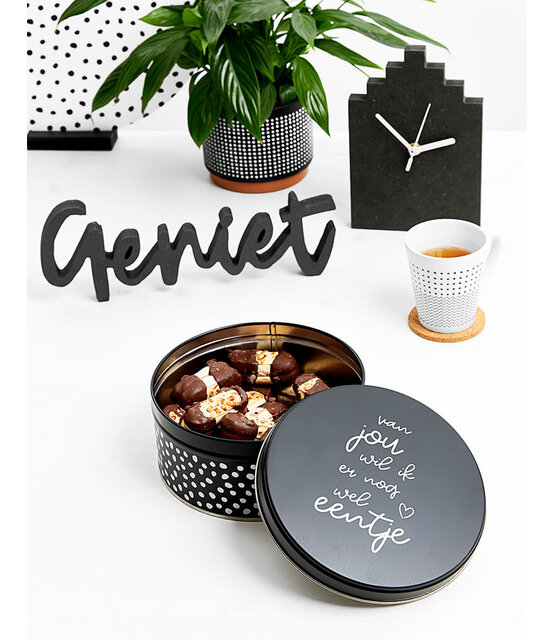 Koektrommel zwart wit met tekst 'Van jou wil ik er nog wel eentje'