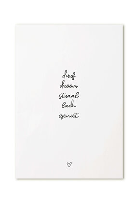 Kaart met tekst 'durf droom straal lach geniet'