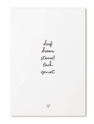 Kaart met tekst 'durf droom straal lach geniet'