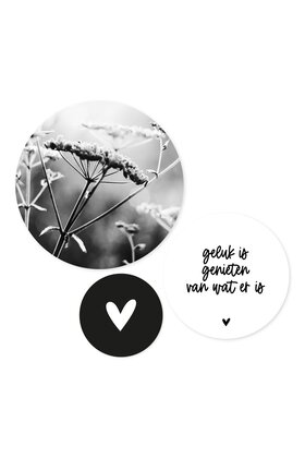 Set van 3 muurcirkels (binnen) - zwart wit 'Geluk is genieten..'