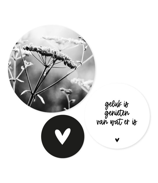 Set van 3 muurcirkels - zwart wit 'Geluk is genieten..'  - 3 verschillende maten