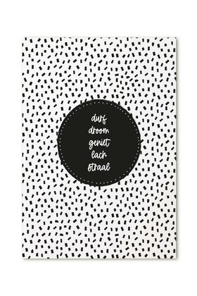 Kaart met tekst 'durf droom geniet lach straal'