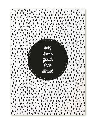 Kaart met tekst 'durf droom geniet lach straal'