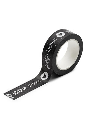 Masking tape zwart met tekst - wijntje genieten, kletsen stralen, feestje lachen