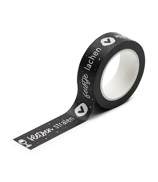 Masking tape zwart met tekst wijntje genieten, kletsen stralen, feestje lachen Masking tape zwart met tekst wijntje genieten, kletsen stralen, feestje lachen