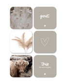 Set van 6 vinyl onderzetters - beige met teksten en foto's Set van 6 vinyl onderzetters - beige met teksten en foto's