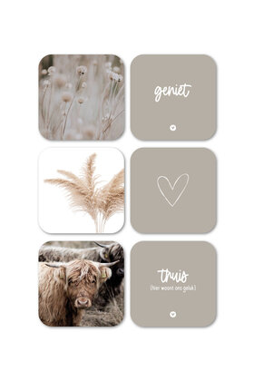 Set van 6 vinyl onderzetters - beige met teksten en foto's