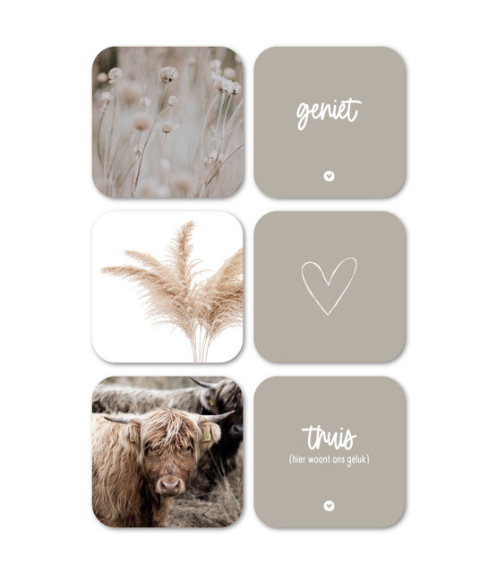 Set van 6 vinyl onderzetters - beige met teksten en foto's Set van 6 vinyl onderzetters - beige met teksten en foto's