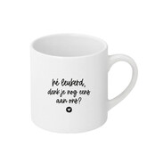Witte mok met tekst - 'Hé leukerd, denk je nog eens aan ons?'